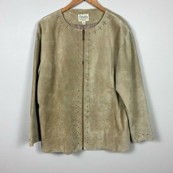 Cabelas Suede Leather‎ Jacket Lazer Cut Out Studded Full Zip Lightweight - Picture 1 of 11